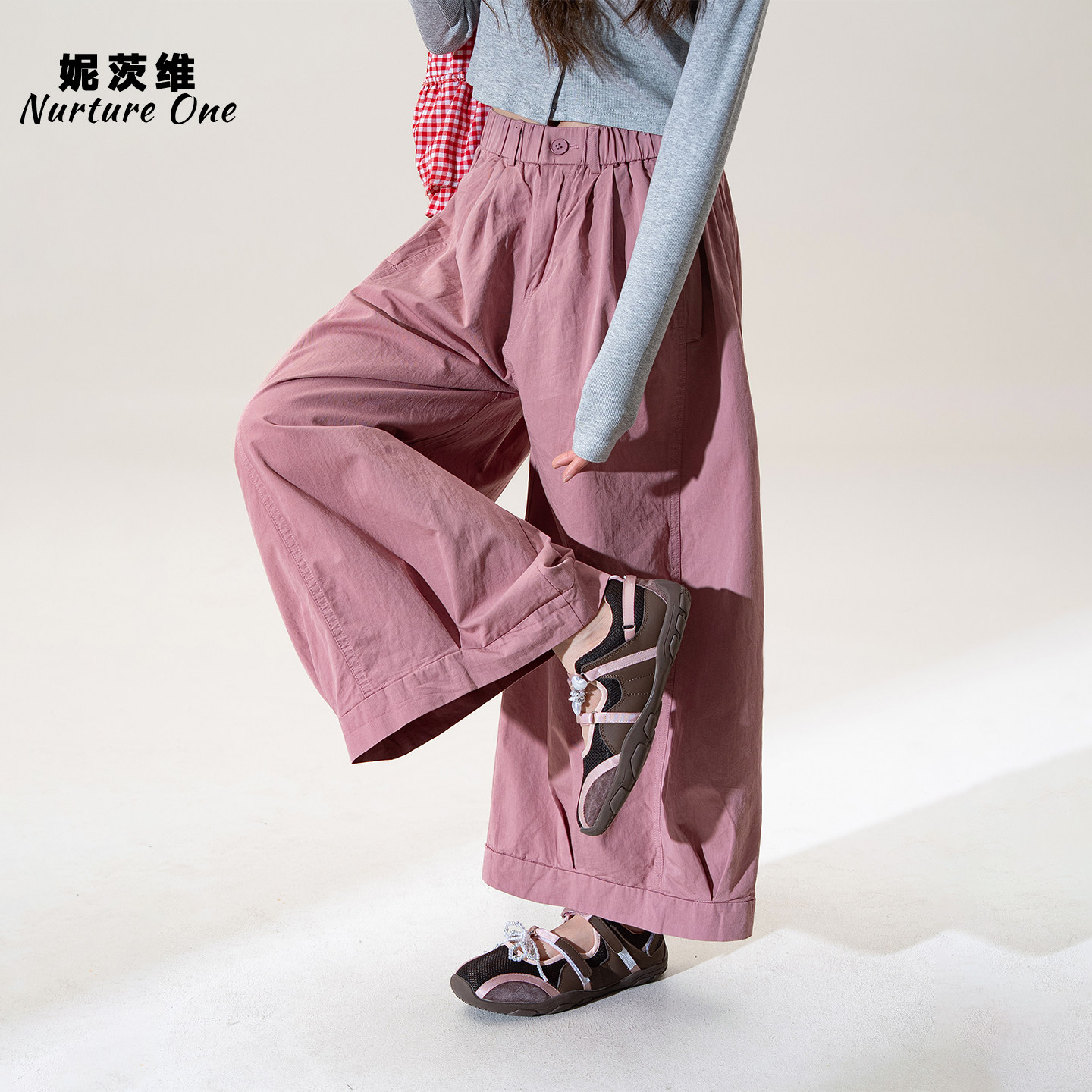 妮茨维【粉韵轻盈】粉色慵懒松弛风松紧高腰显瘦九分阔腿休闲裤女