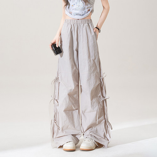 杏色蝴蝶结伞兵速干工装防蚊裤女
