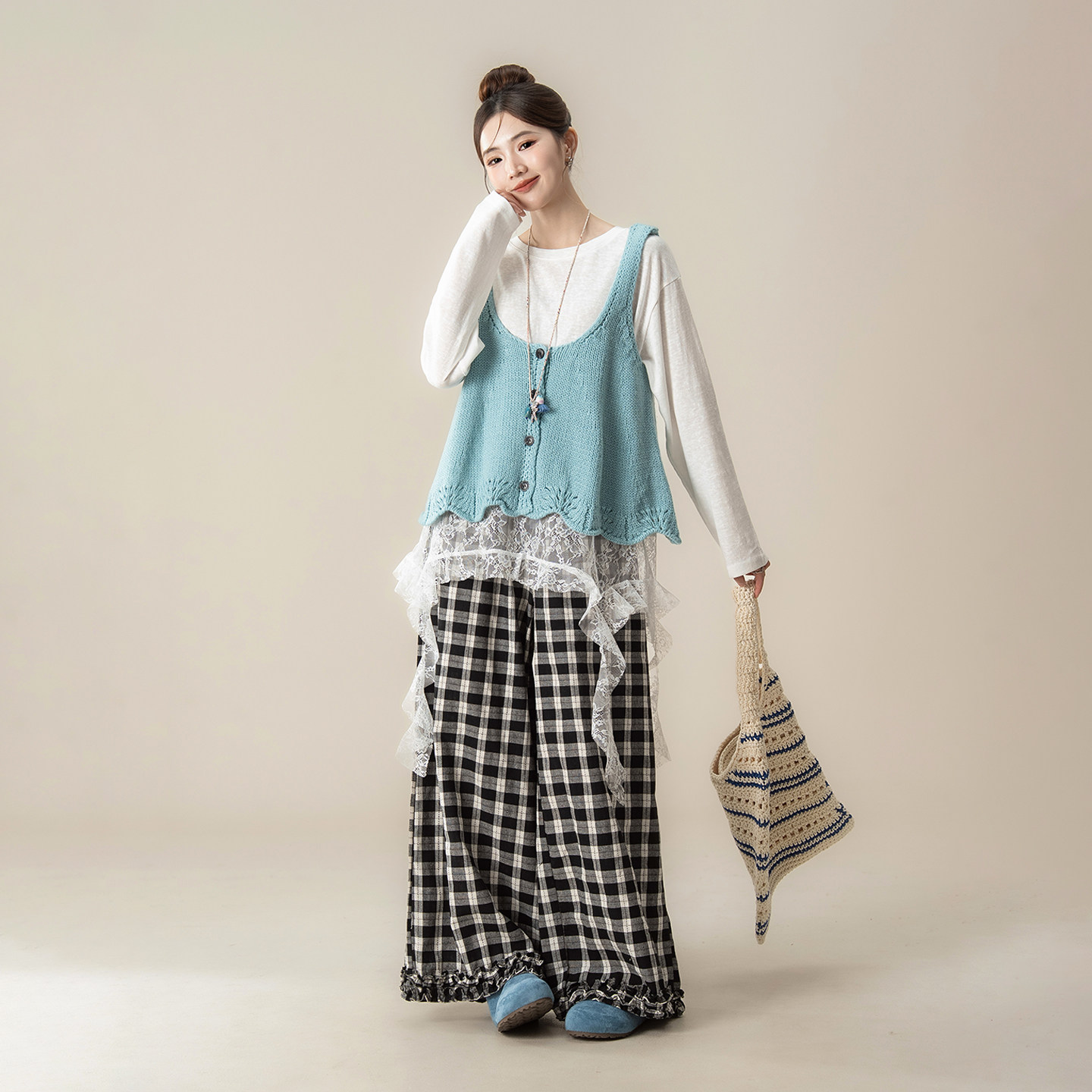 蓝色韩系甜美减龄针织衫马甲背心女春季新款花边下摆拼接吊带上衣,女装/女士精品,马夹,淘宝优惠券,粉丝福利购,淘宝优惠卷