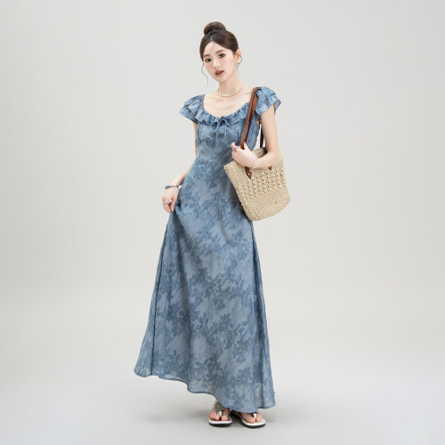 蓝色法式碎花小飞袖连衣裙女夏季
