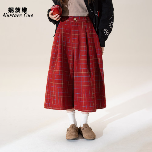 妮茨维【七分格韵】红色A字裙裤女春日穿搭压褶拼接廓形休闲中裤