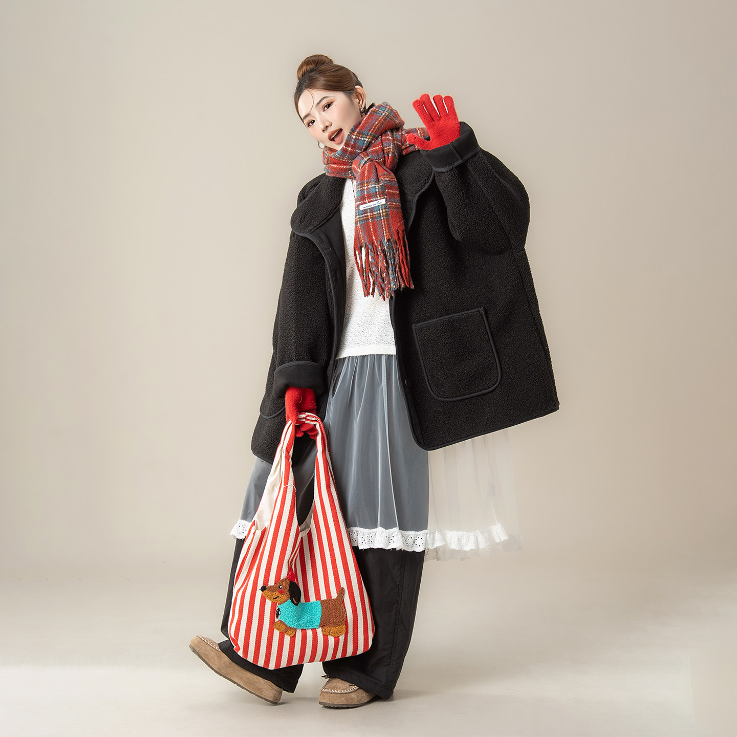 黑色宽松慵懒风仿羊羔毛长袖外套女冬季新款加绒加厚皮毛一体上衣