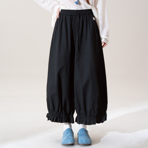 黑色韩版宽松松紧腰花苞休闲裤女