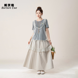 妮茨维【灰纱轻漾】蕾丝木耳边透视马甲少女感穿搭叠穿T恤半身裙