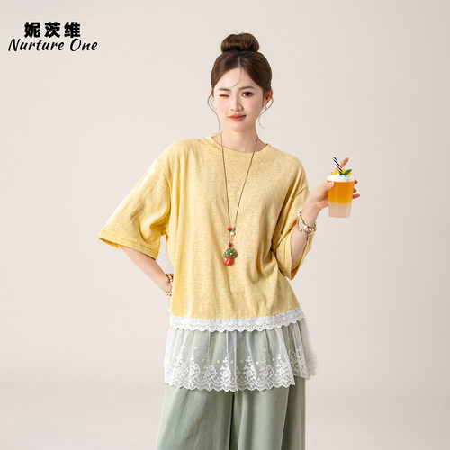 黄色蕾丝下摆拼接短袖T恤上衣女