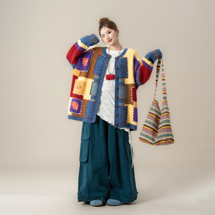 蓝色日系复古格子拼接毛衣外套女秋冬新款宽松慵懒风圆领针织开衫