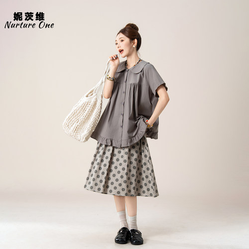 娃娃领短袖衬衫波点半身裙套装女