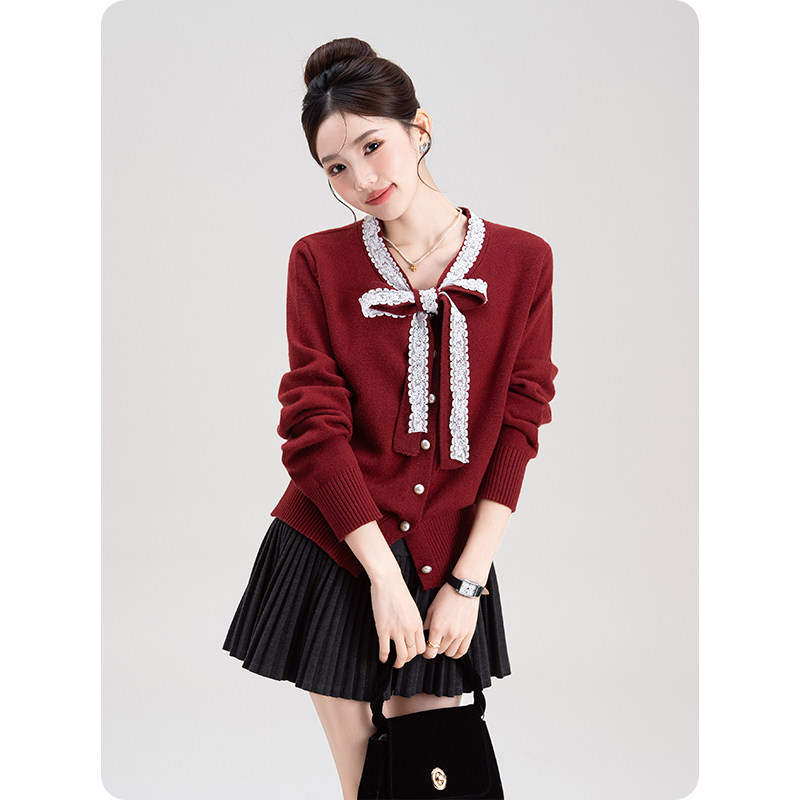 红色毛衣女春装蕾丝蝴蝶结拼接单排扣小香风百搭显瘦针织开衫上衣,女装/女士精品,毛衣,淘宝优惠券,粉丝福利购,淘宝优惠卷