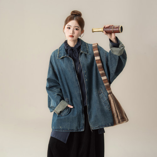 蓝色复古做旧破洞牛仔外套上衣女