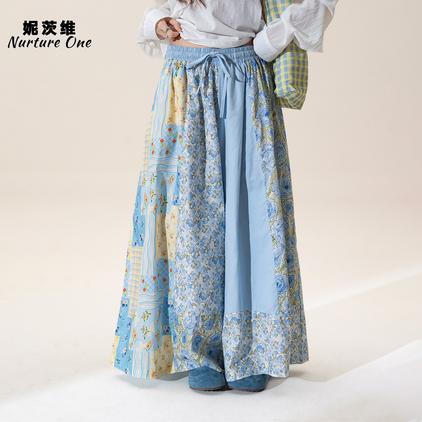 妮茨维【碎花清新】浅蓝色古着拼接裙裤女春季穿搭宽松休闲阔腿裤