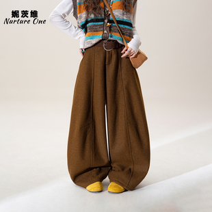 焦糖色加绒加厚毛呢阔腿裤女冬季新款宽松慵懒松弛感弯刀休闲裤子