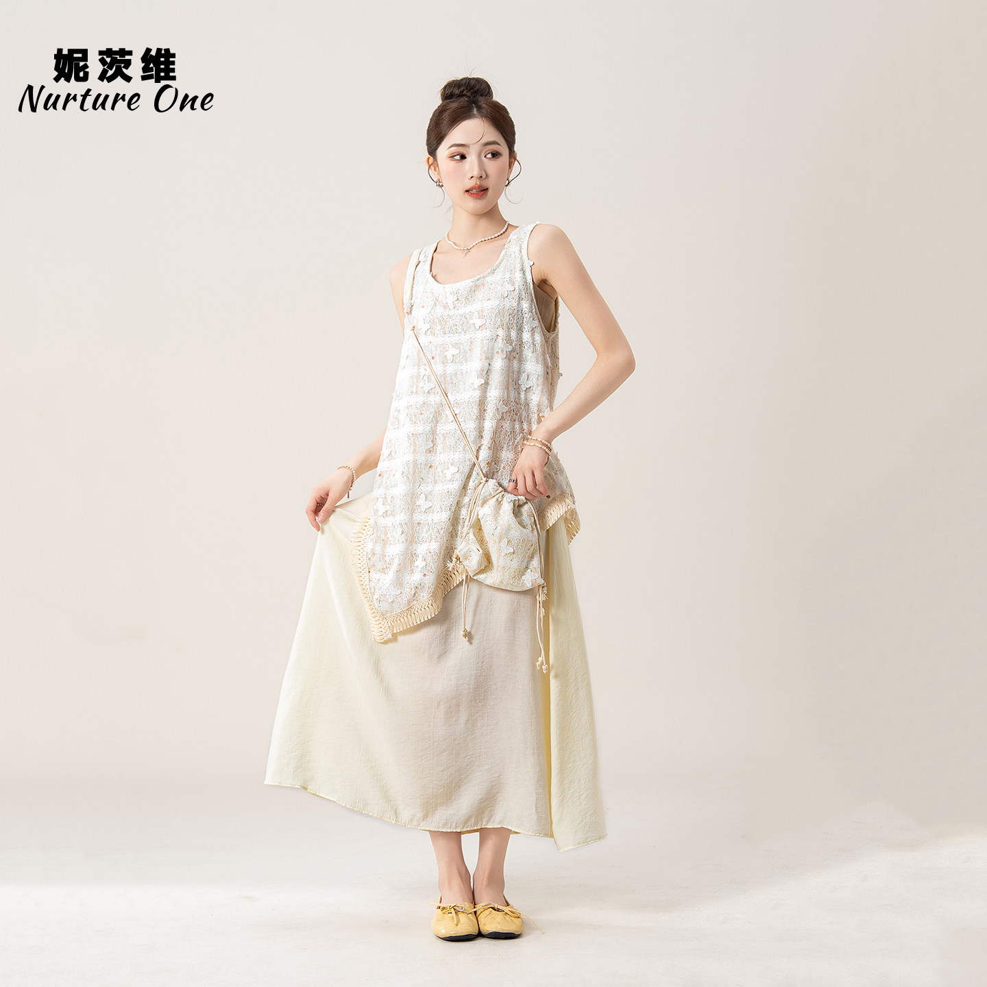妮茨维【浅夏微风】黄色假两件不规则背心裙女夏季穿搭度假连衣裙