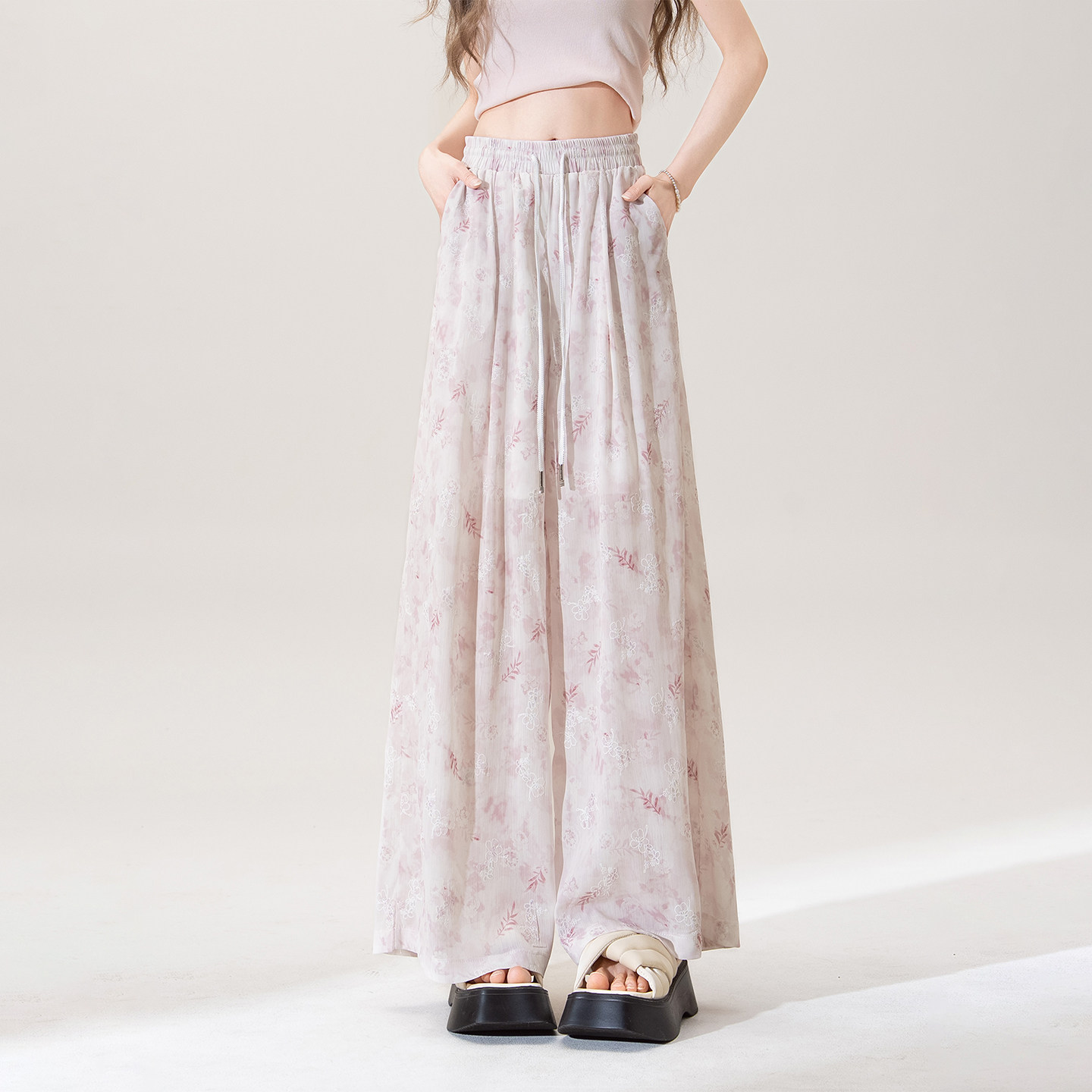 粉色中国风阔腿裤女夏季薄款小个子垂坠感印花防晒速干直筒休闲裤,女装/女士精品,休闲裤,淘宝优惠券,粉丝福利购,淘宝优惠卷