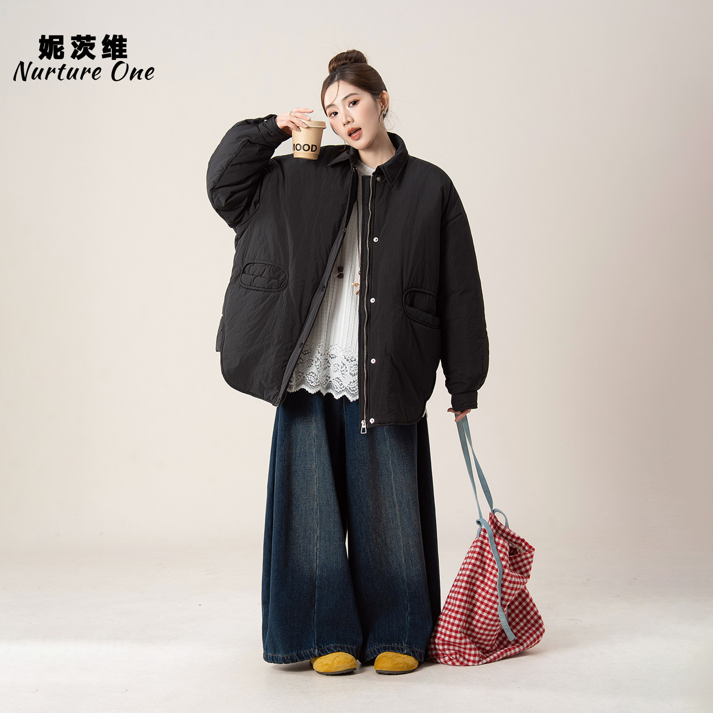 黑色日系复古翻领排扣宽松棉服外套女冬季新款慵懒风通勤百搭上衣