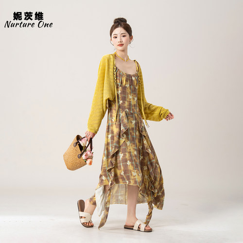 碎花迷幻晕染连衣裙开衫套装