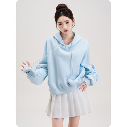 奶fufu立体爱心抽绳设计感连帽卫衣女2025新款春秋薄款甜美风上衣
