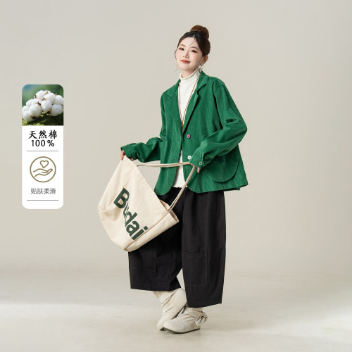 绿色复古灯芯绒西装短外套女上衣
