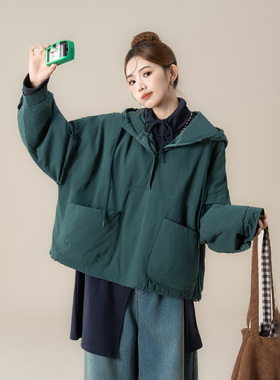 绿色日系复古连帽抽绳棉服外套女冬季新款大口袋宽松保暖加厚棉衣