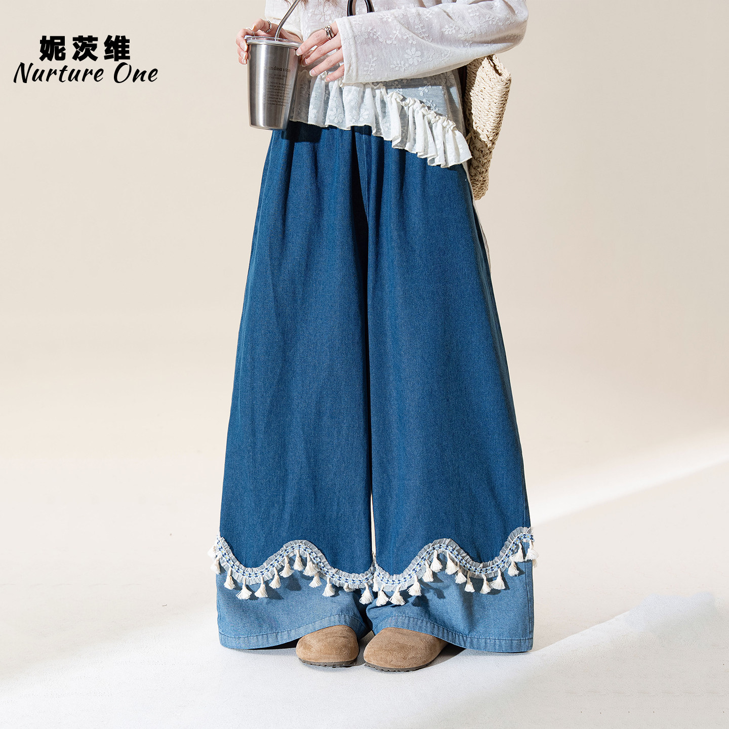 妮茨维【蓝调流苏】深蓝色蕾丝牛仔裤女森系穿搭松紧腰直筒休闲裤