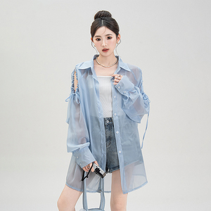 蓝色露肩中长款外搭开衫防罩晒衫女夏季抽绳时尚大版空气防晒衬衫