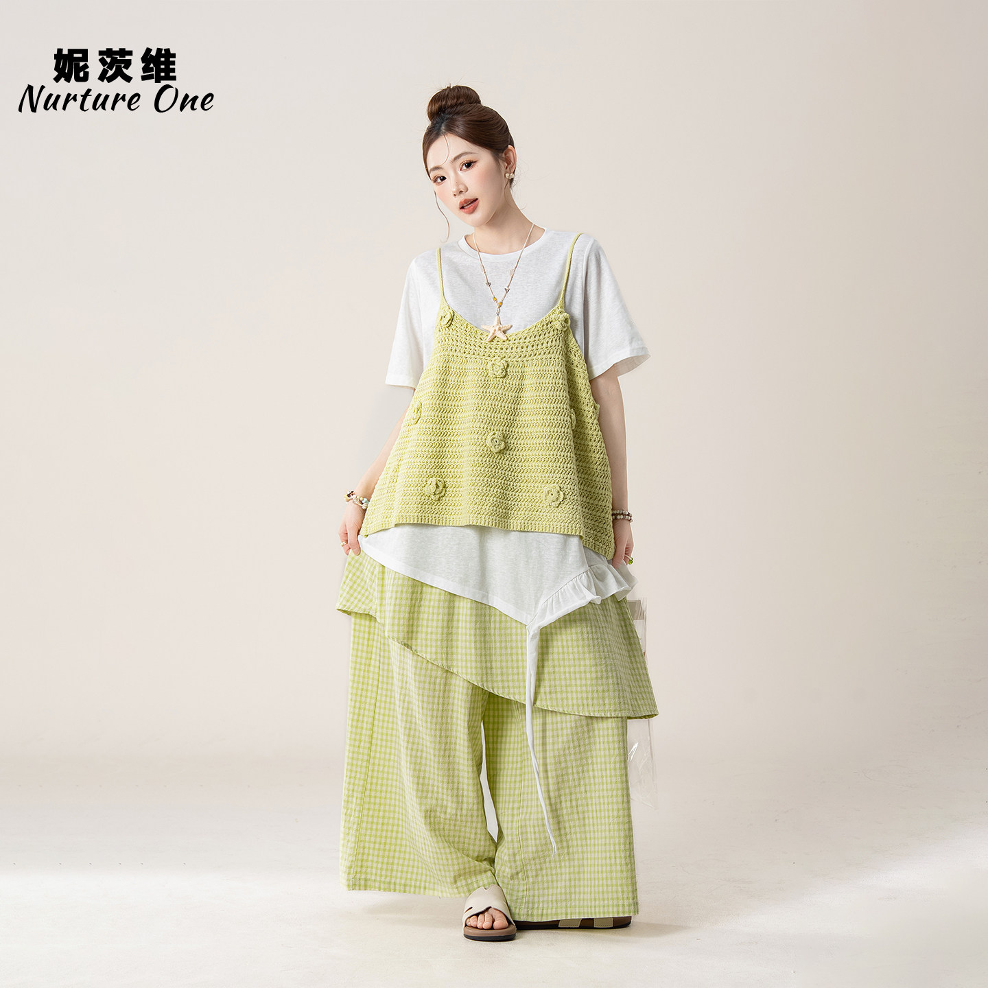 花朵针织吊带T恤格子屁帘裙裤女图片