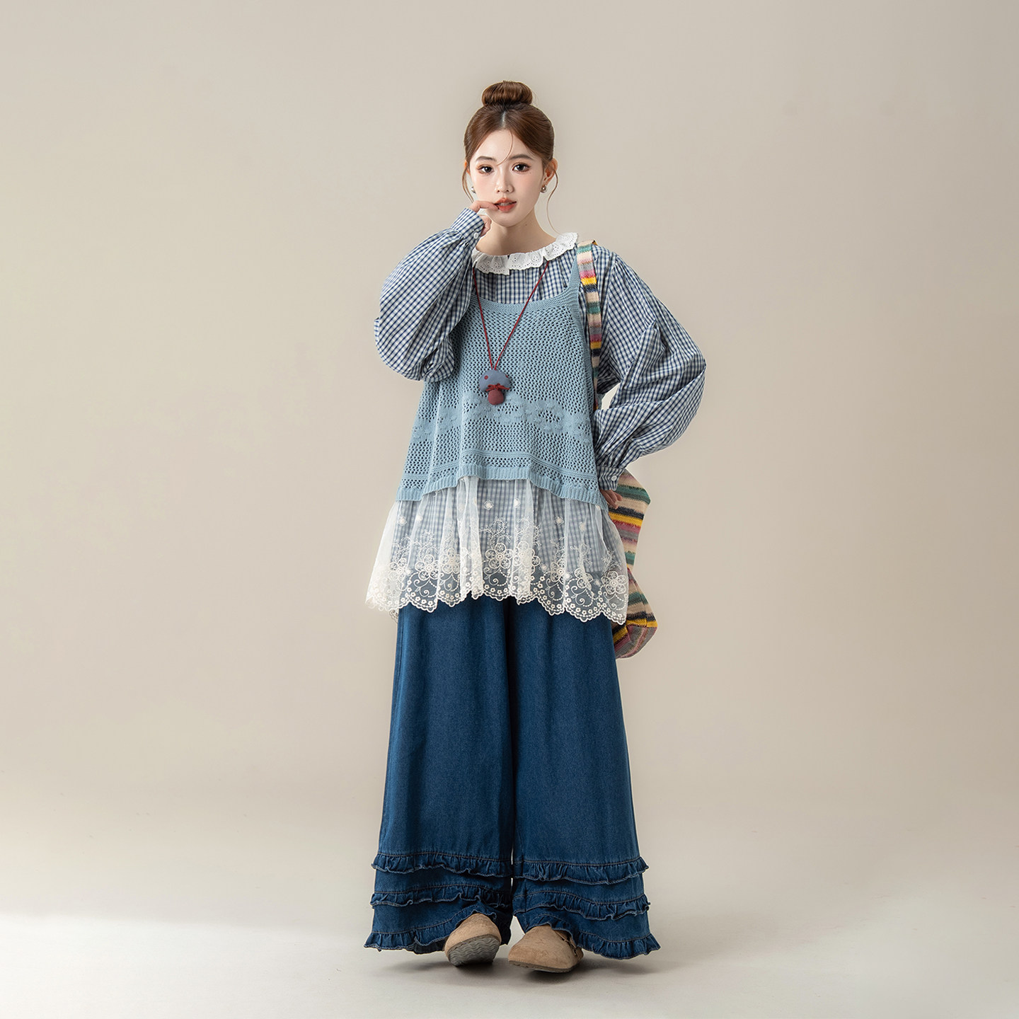 蓝色格纹长袖衬衫女春季新款叠穿蕾丝拼接针织吊带牛仔阔腿裤套装,女装/女士精品,时尚套装,淘宝优惠券,粉丝福利购,淘宝优惠卷