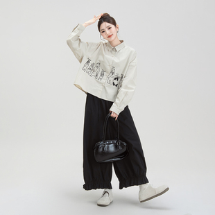 杏色卡通小熊刺绣长袖衬衫女春日穿搭小个子韩版宽松减龄短款上衣