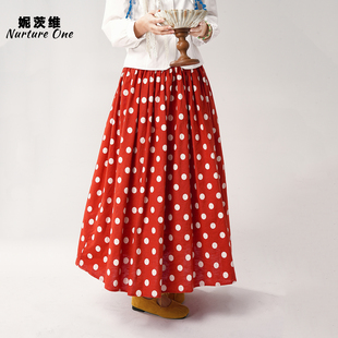 妮茨维【波点红裙】红色高腰复古中长款伞裙女春季新款百褶半身裙