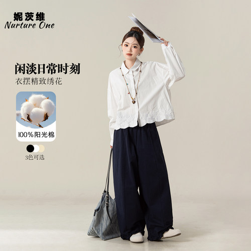 文艺风翻领衬衫短款花边上衣
