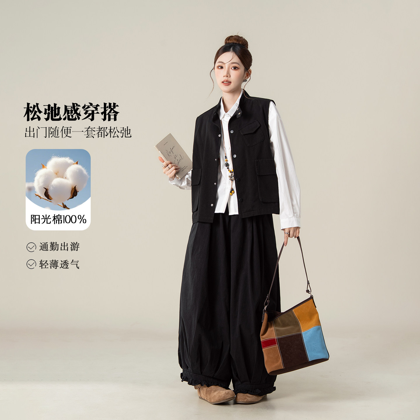 黑色复古立领工装风马甲休闲马夹图片