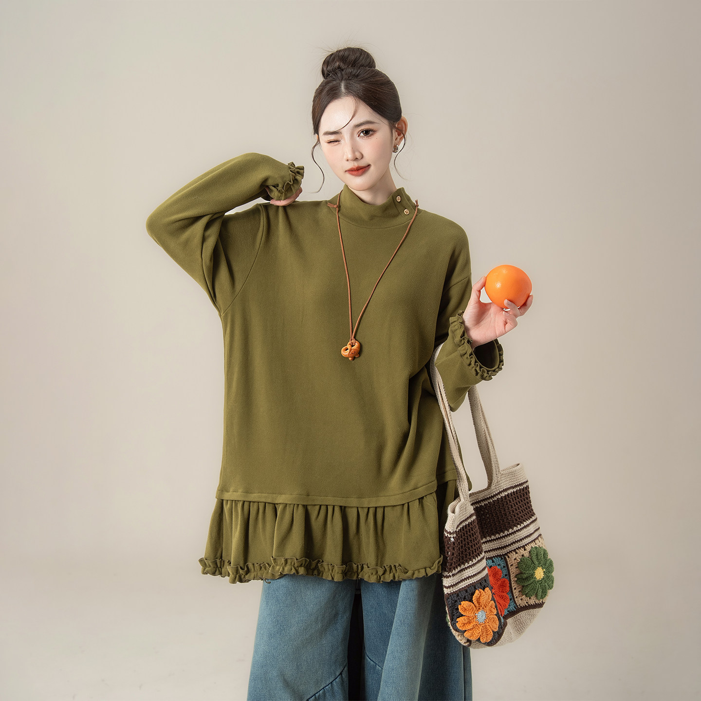 草绿色木耳花边下摆拼接T恤女春秋新款慵懒风加厚内搭打底衫上衣,女装/女士精品,T恤,淘宝优惠券,粉丝福利购,淘宝优惠卷