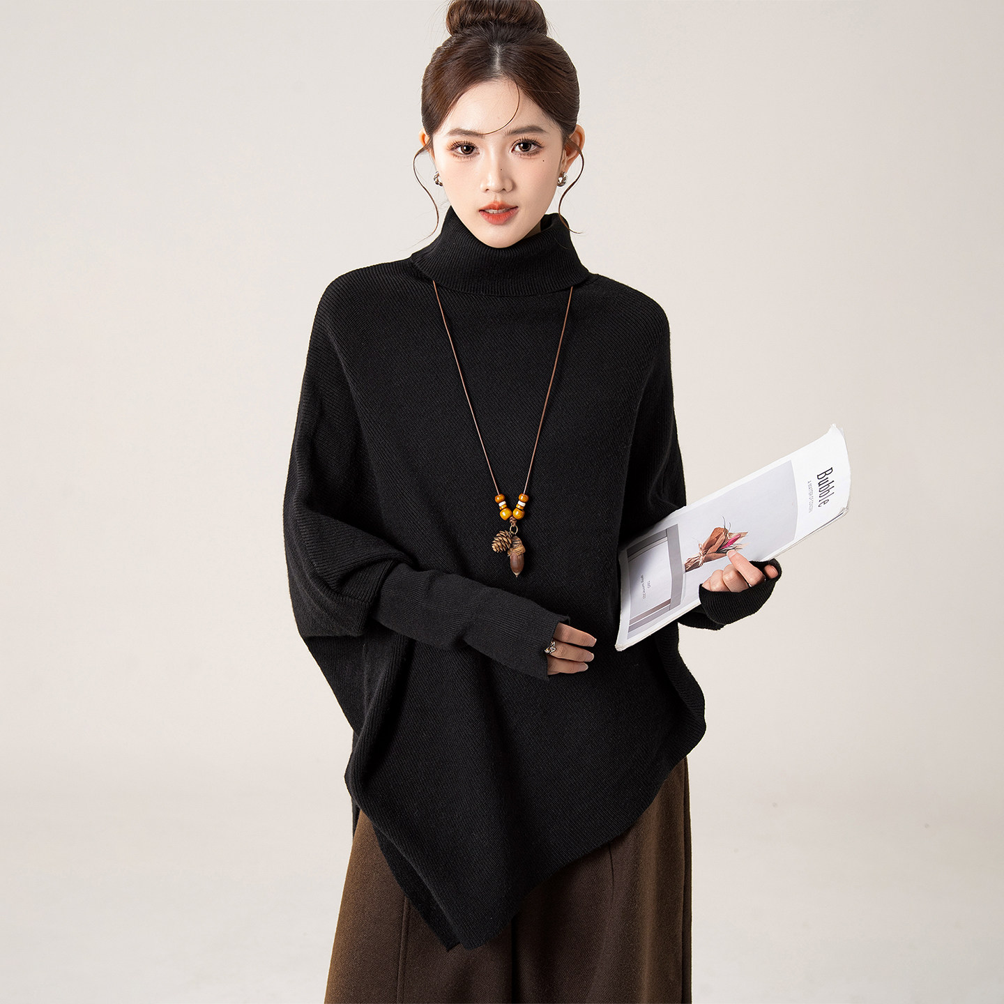 黑色高领蝙蝠袖斗篷针织衫毛衣女冬季新款不规则宽松内搭打底上衣