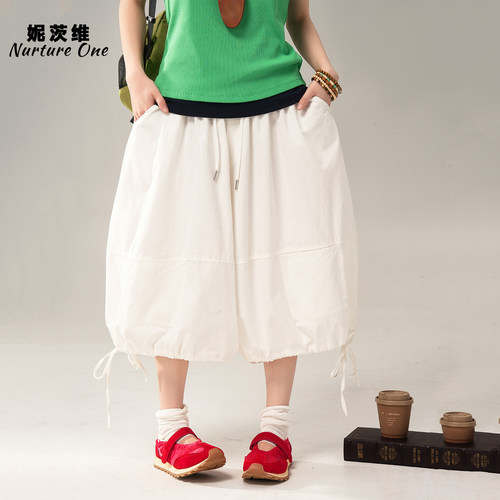 白色廓形系带灯笼中裤休闲短裤女
