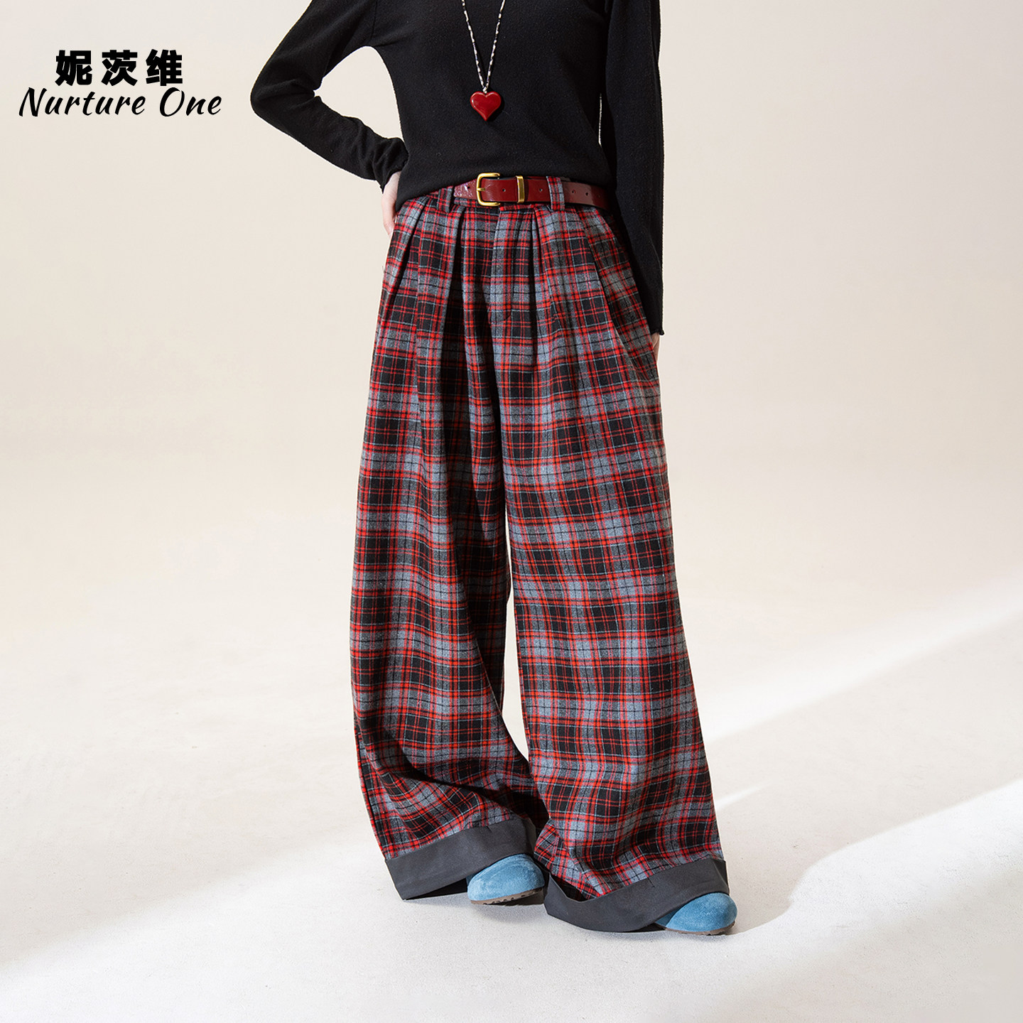 红色美式复古卷边格纹阔腿裤女冬季新款慵懒风宽松显瘦直筒休闲裤,女装/女士精品,休闲裤,淘宝优惠券,粉丝福利购,淘宝优惠卷