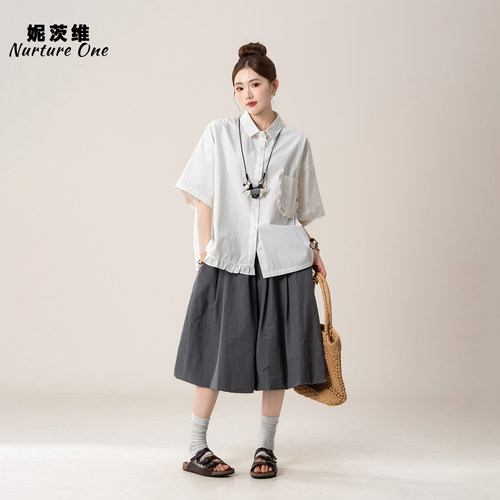 花边拼接不对称短袖衬衫中裤套装