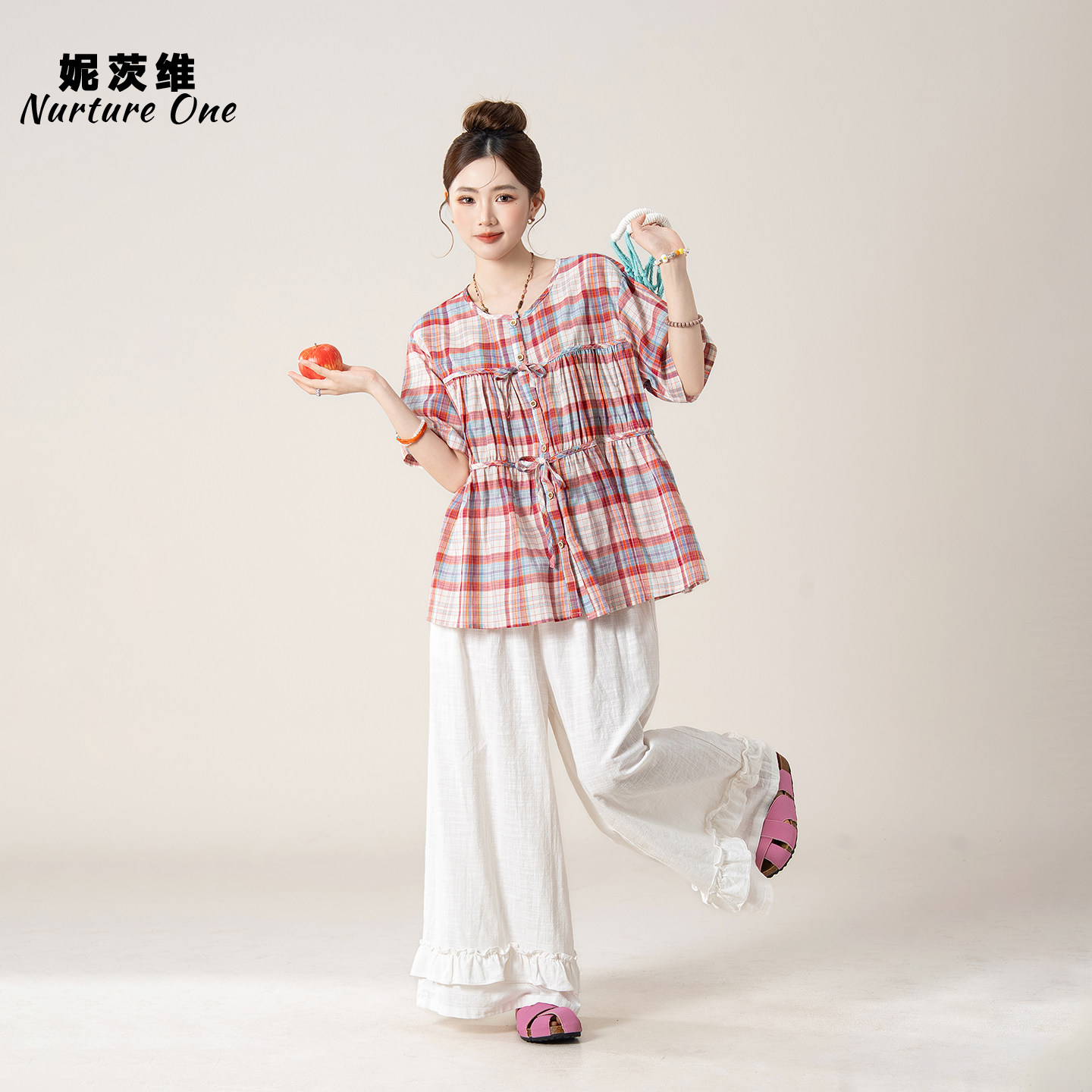 妮茨维【彩格甜逸】系带格子短袖衬衫女秀气格纹穿搭花边阔腿裤子