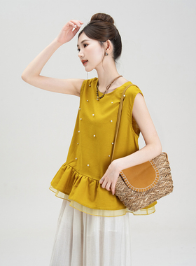 黄色网纱荷叶边拼接无袖衬衫女夏季新款甜美减龄钉珠背心小衫上衣