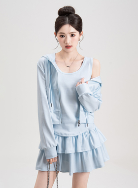 妮茨维蓝色运动风连帽卫衣秋季套装女外套背心高腰半身短裙三件套