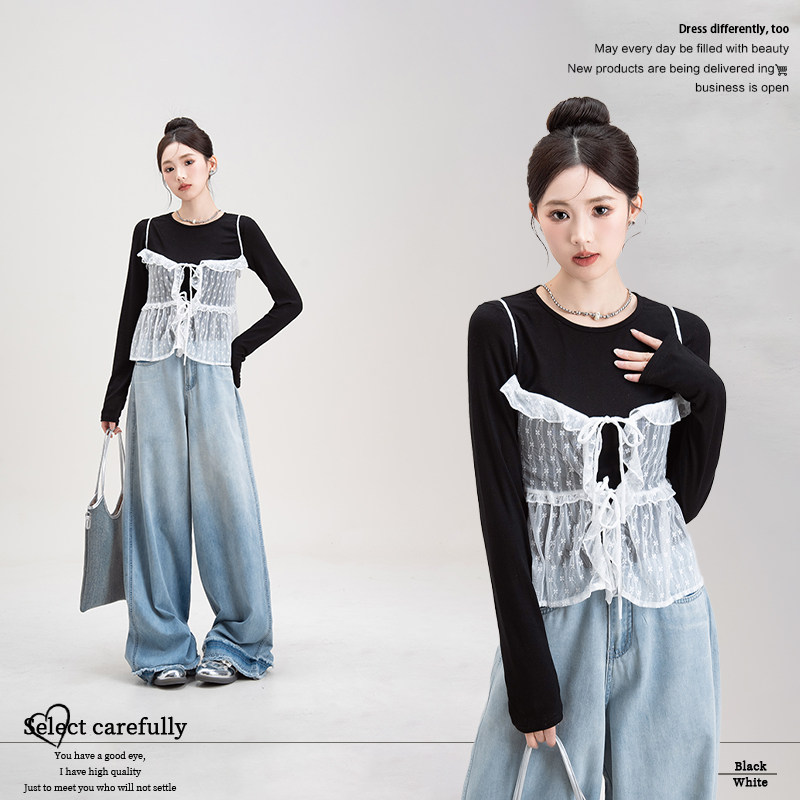 妮茨维黑色圆领长袖T恤春季新款女韩系叠穿吊带背心上衣两件套装,女装/女士精品,T恤,淘宝优惠券,粉丝福利购,淘宝优惠卷