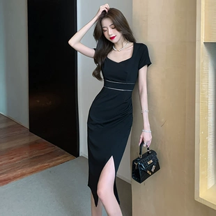 收腰显瘦方领锁骨中长款 连衣裙2023年新款 包臀小黑裙 高端夏季 女装