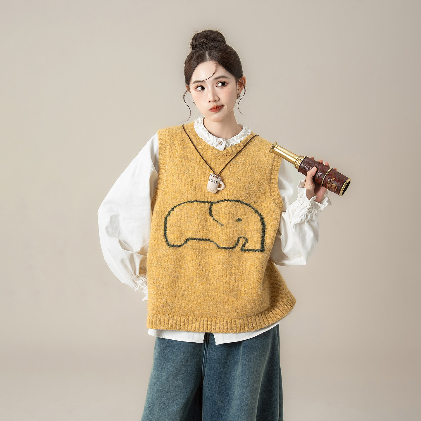 柑黄色大象提花刺绣圆领针织马甲女春秋新款宽松减龄百搭背心上衣,女装/女士精品,背心吊带,淘宝优惠券,粉丝福利购,淘宝优惠卷