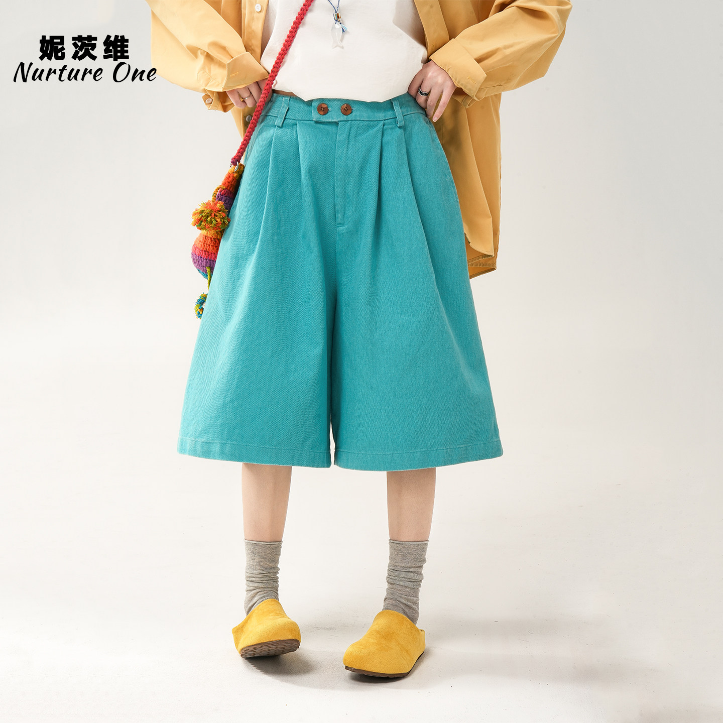妮茨维【甜酷碰撞】孔雀蓝色高腰直筒长款短裤女彩色穿搭廓形中裤