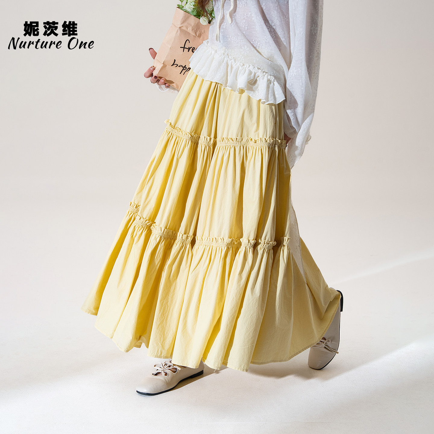 妮茨维【温柔奶黄】黄色压褶花边拼接半身裙女春日穿搭松紧腰长裙