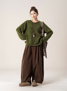 军绿色圆领宽松慵懒风毛衣女冬季新款卷边加厚针织打底衫内搭上衣