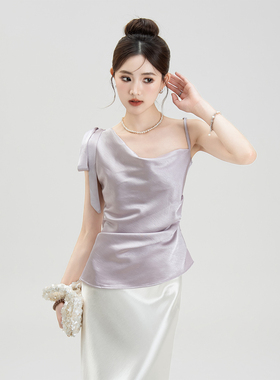 紫色法式荡领无袖醋酸缎面上衣女夏季新款不规则褶皱收腰单肩背心