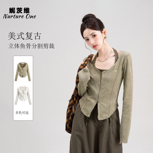 摩卡色假两件挂脖长袖T恤上衣女