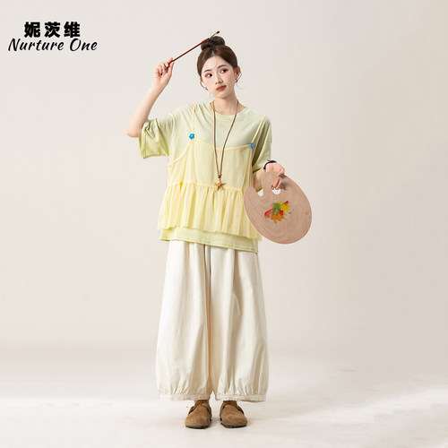 妮茨维【清新文艺】芭蕾风叠穿荷叶边薄纱吊带女夏季穿搭圆领T恤