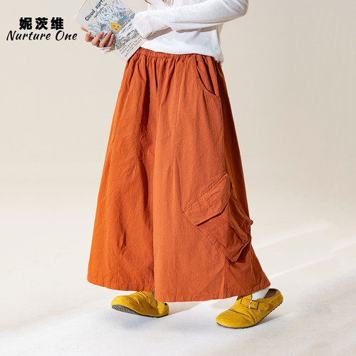 桔色大口袋七分工装短裤阔腿裤女