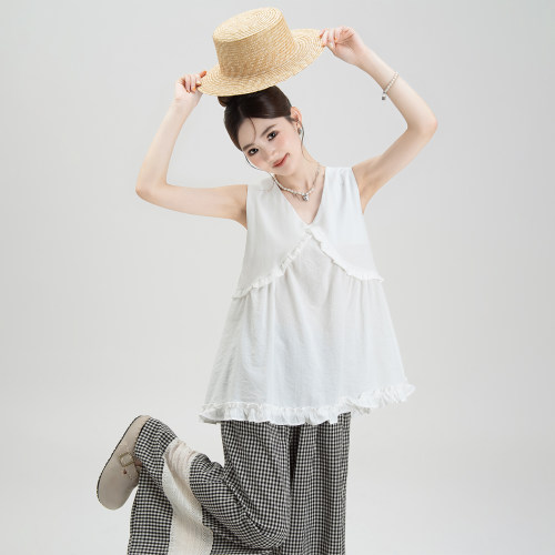 白色法式甜美V领木耳边背心衬衫