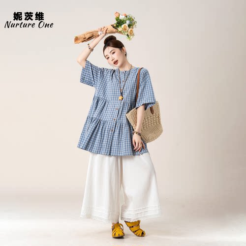 圆领格子宽松短袖衬衫穿搭阔腿裤